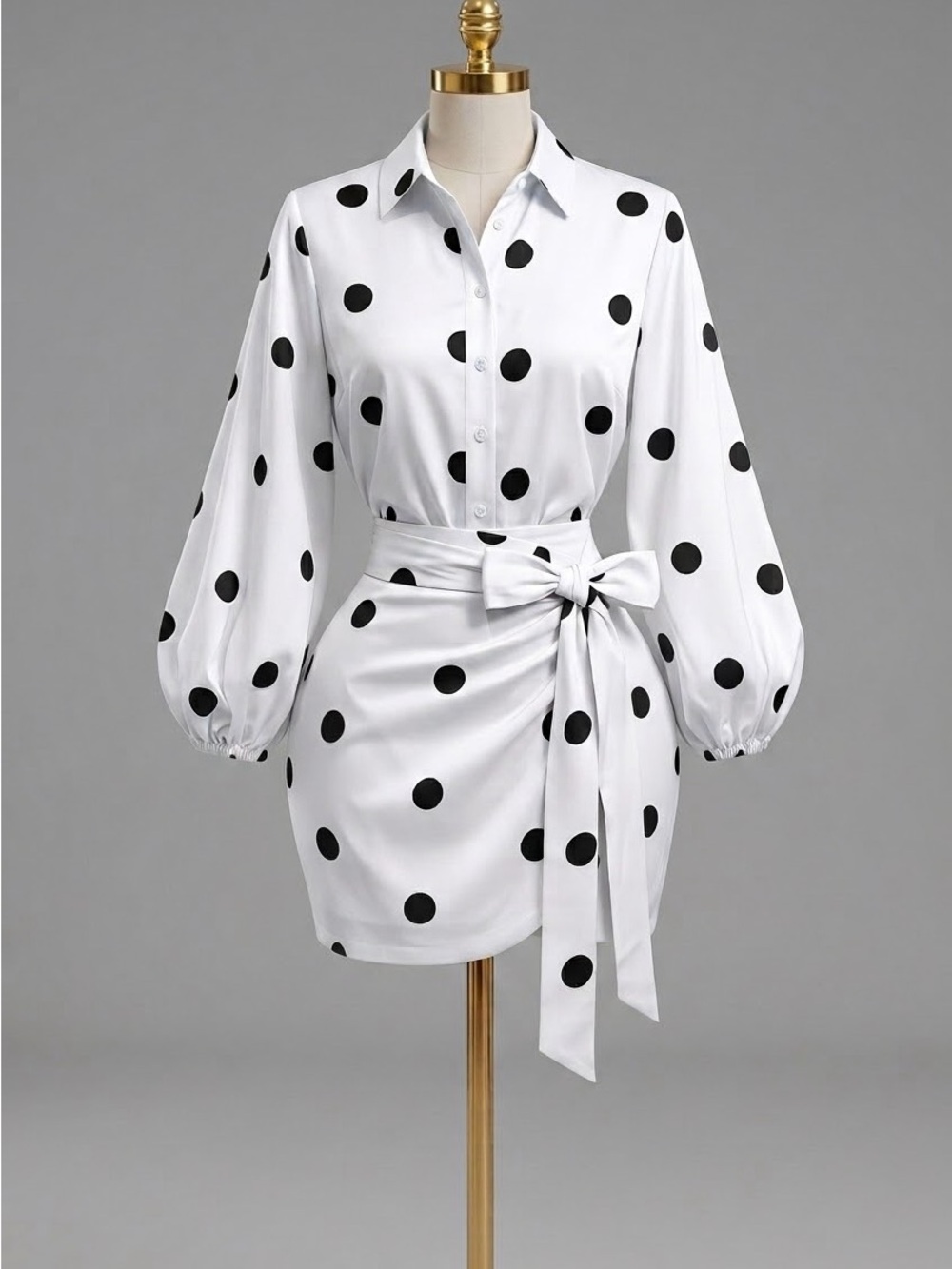 Polka Dot Tie-Waist Shirt Skirt Set - White with Black Dots